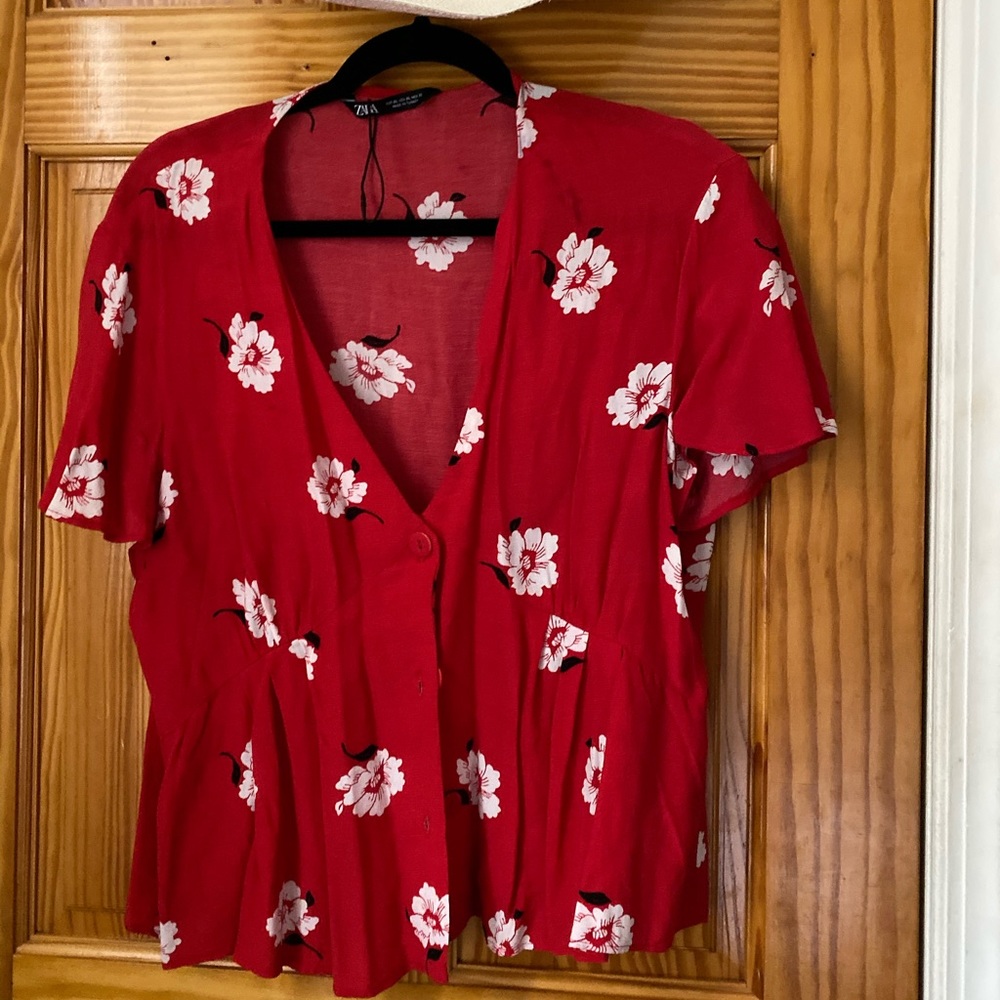 Gorgeous Red Floral Print Zara Blouse - Worn Once!